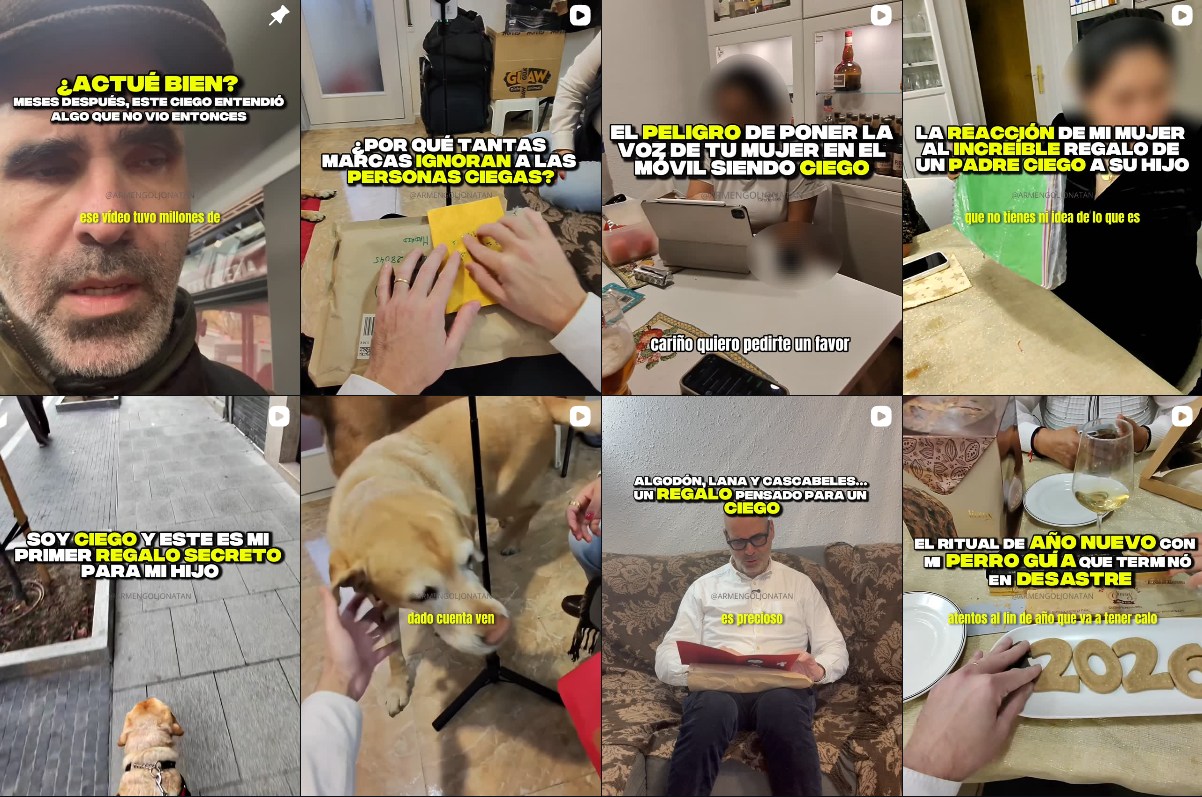 Captura de pantalla del perfil de instagram de Jonatan que incluye la portada de sus últimos 8 reels.